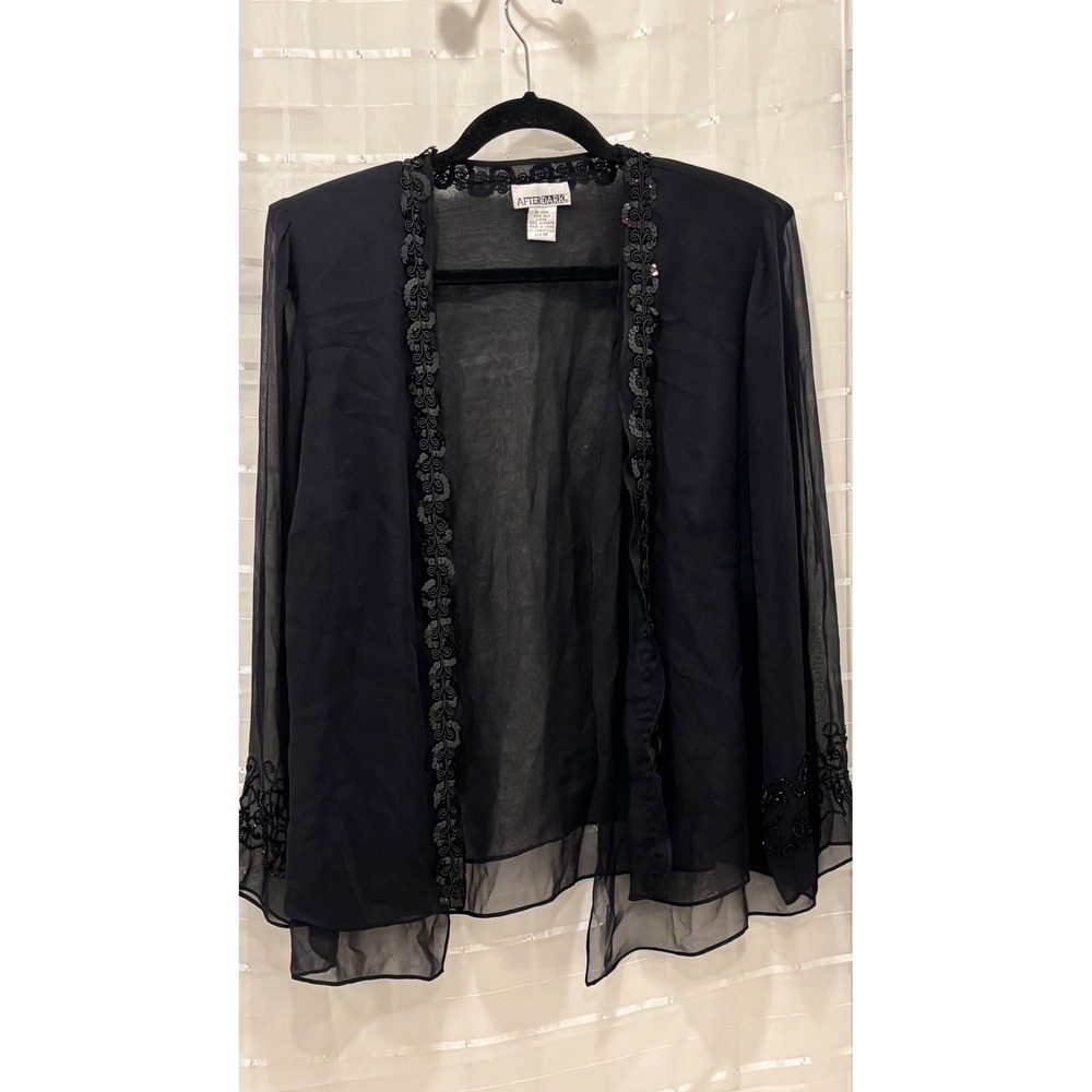 After Dark Black 100% Silk Beaded Evening Jacket Sheer Open Front Size 16